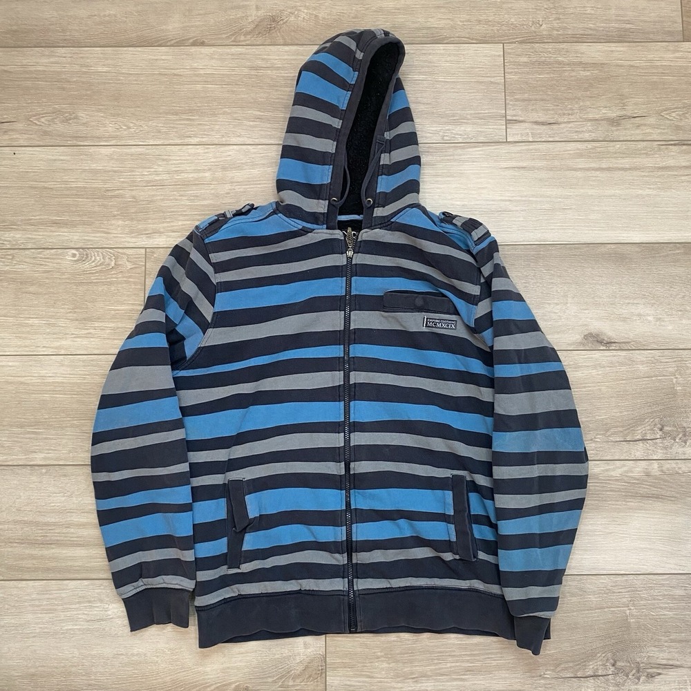 Y2K Empyre Striped Sherpa Lined Hoodie Adult Size Large Skater Grunge Gothic VTG